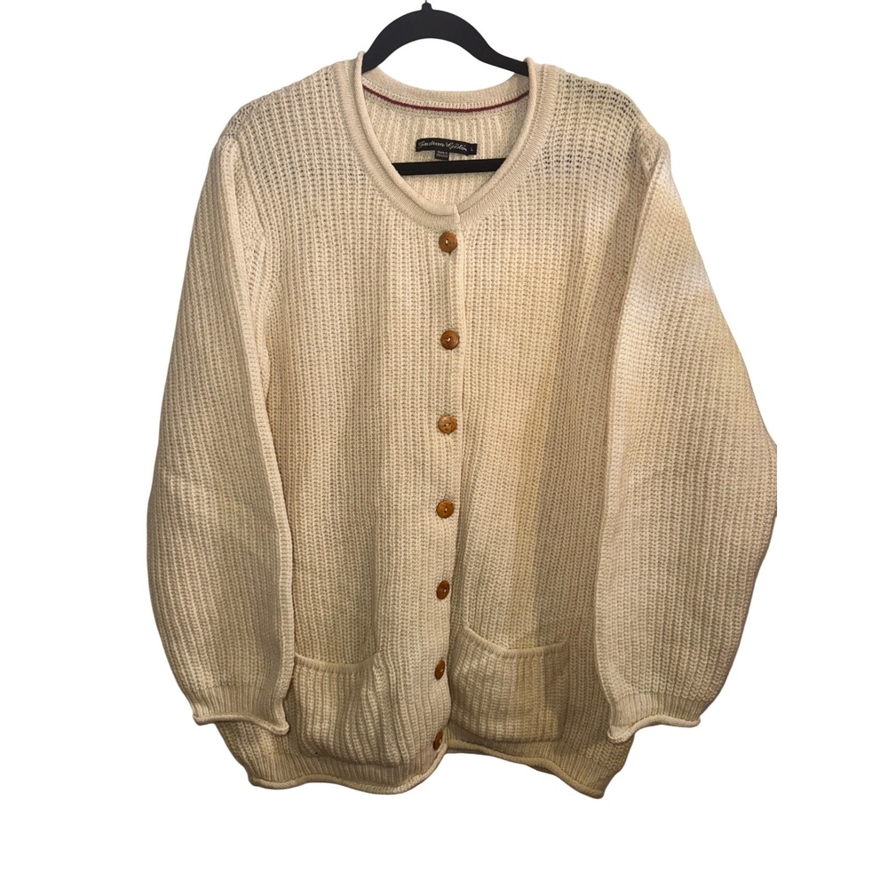 Gudrun Sjoden Cream Wool Blend Chunky Knit Button Front Cardigan Sweater Large